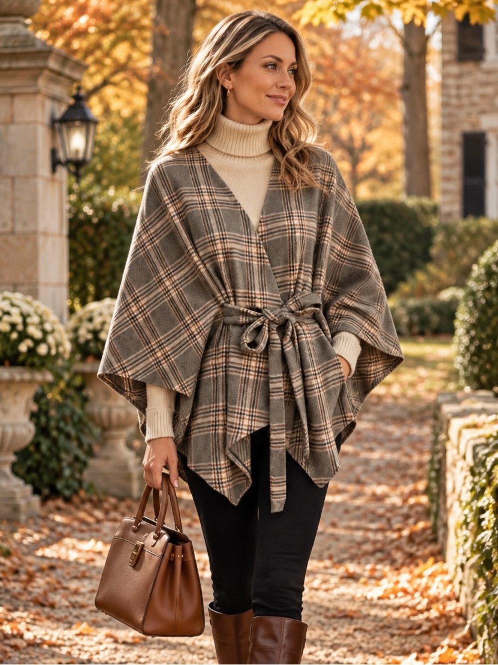 Plaid Belted Cape Wrap Poncho Coat Gray Preppy Equestrian
